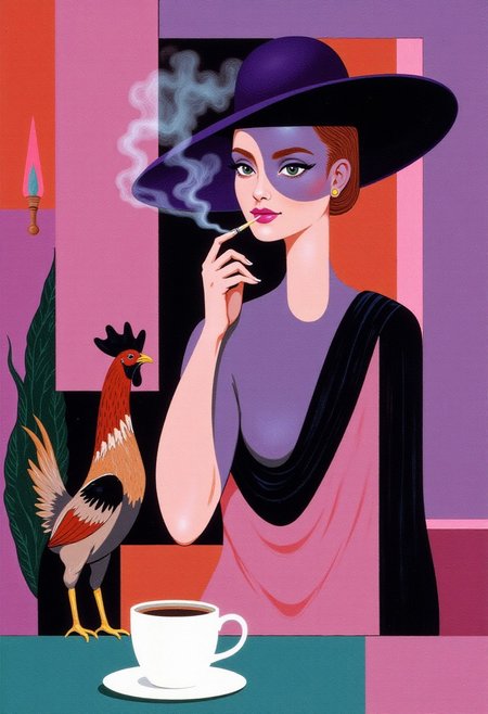 This image is a digital drawing in a modernist style, characterized by geometric shapes and bold colors. It features a stylized, abstract depiction of a woman with a cigarette in her hand, positioned in the upper right quadrant. The woman has a serene expression and is wearing a wide-brimmed purple hat, with her face divided into geometric sections. Her eyes are large and almond-shaped, and her lips are painted in a deep violet.
To the left of the woman, a small rooster is perched at her feet, adding a touch of realism amidst the abstract forms. The background consists of various geometric shapes in shades of pink, lavender, and teal, creating a dynamic and layered composition. The woman's hand is raised, holding a cigarette.
In the bottom left corner, there is a white coffee cup with a saucer, suggesting a café setting. The overall color palette is rich with warm tones of pink and lavender, contrasted by cooler shades of teal and black, enhancing the modernist aesthetic.