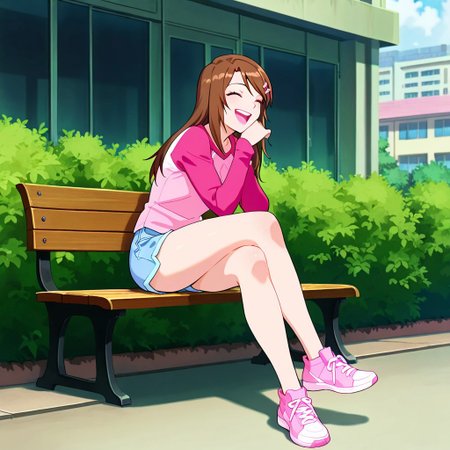 masterpiece, best quality, Diana, 1girl, solo, brown hair, long hair, closed eyes, pink hairclip, soft pink lips, bubblegum light pink shirt, hot pink raglan sleeves, blue denim shorts, pink sneakers, fullbody, laughing, sitting on bench, legs crossed,<lora:Diana_Lombard_illustrious_Leaf1-000010:1>, school building, bushes in background, anime screenshot,