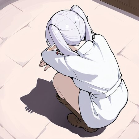 masterpiece,best quality,year 2024,newest,absurdres,high resolution,ultra-detailed,incredibly absurdres,
1girl,<lora:catshadow:0.8>,catshadow,facing away,from above,squatting,from behind,shadow,solo,full body,frieren,white hair,long hair,twintails,