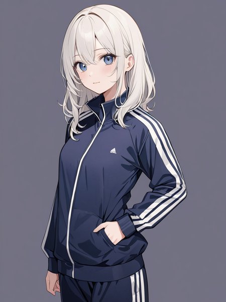 masterpiece,ultra-detailed,best quality,8K,illustration,cute face,clean skin ,shiny hair,girl,ultra-detailed-eyes,simple background, <lora:add-detail-xl:1>  <lora:tracksuits_XL_V1.0:1> tracksuits, long sleeves