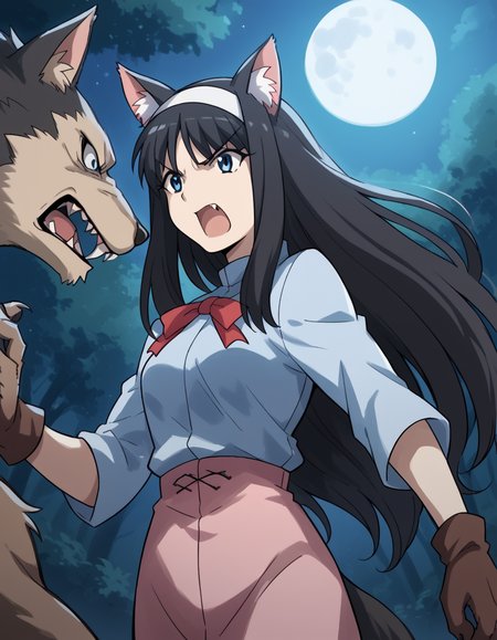 score_9, score_8_up, score_7_up, source_anime, <lora:carnivalphantasm-akiha-toono-ova-ponyxl-lora-nochekaiser:1>, akiha toono, tohno akiha, long hair, blue eyes, black hair, hairband, white hairband, medium breasts,, <lora:werewolf-ponyxl-lora-nochekaiser:1>, werewolf, furry, fangs, animal ears, gloves, angry, teeth, animal ear fluff,, forest, night, moon, open mouth, , dutch angle, cowboy shot