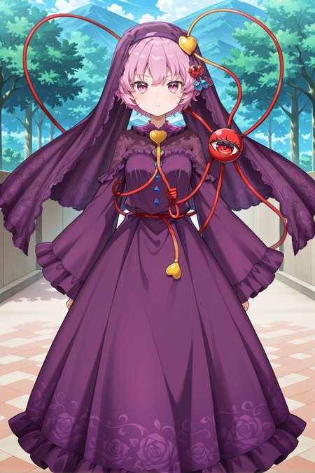 absurdres, highres, masterpiece, best quality, amazing quality, official anime artwork, screencap, anime screencap, looking at viewer, outdoors, serious, 
<lora:Komeiji-Satori_IllustriousV2:1> komeiji satori, 1girl, solo, pink eyes, pink hair, short hair, third eye,, komeiji satori \(midnight mentalist\), alternate costume, lace-trimmed veil, heart hair ornament, gemstone hair ornament, blue gemstone, red gemstone, purple bow, purple collar, purple dress, frilled sleeves, wide sleeves, lace-trimmed dress, see-through cleavage, print dress, detached sleeves,