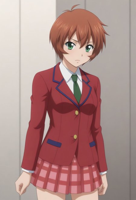 source_anime, anime screencap, source_anime, auratheguillotine, anime screencap, masterpiece, source_anime, shiny skin, 1girl, chinkyuu koudai, short hair, brown hair, green eyes, <lora:chinkyuu_pony-000007:0.8> red blazer, white shirt, green necktie, plaid skirt, pleated skirt,