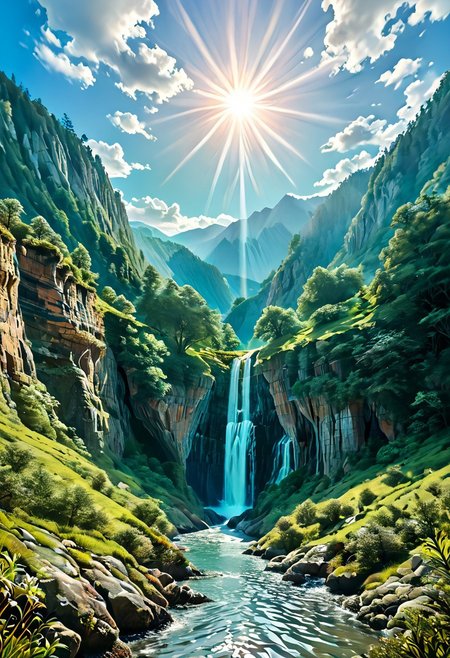 Stable_Yogis_PDXL_Positives, 
A sprawling valley of cascading waterfalls cutting through layered sandstone cliffs, viewed from a sweeping aerial perspective that reveals turquoise plunge pools and winding river networks. Golden-hour sunlight pierces mist rising from thunderous falls, illuminating intricate textures of water-smoothed rock strata and vibrant moss colonies clinging to vertical surfaces. Close-up details of fern fronds trembling in the perpetual spray, their fractal patterns echoed in the dendritic river deltas below. Low-angle shots framing monolithic cliff faces against swirling cloud formations, while tracking perspectives follow ibex traversing narrow ledges above abyssal gorges. Ultra-detailed 8k rendering captures every water droplet in mid-air suspension and crystalline reflections in ancient rockpools. A symphony of emerald, amber, and sapphire hues created by mineral-rich waters, lichen communities, and twilight's deepening azure gradients across the canyon's stratified geology.