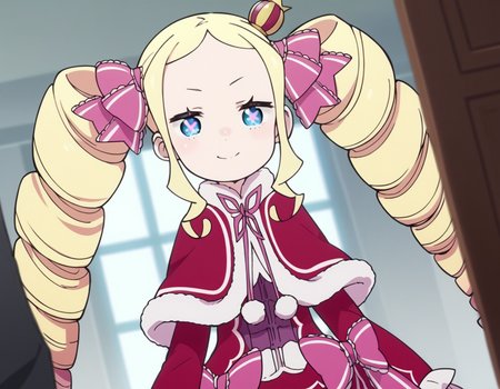score_9, score_8_up, score_7_up, source_anime, <lora:rezero-beatrice-s3-leak-ponyxl-lora-nochekaiser:1>, beatrice, long hair, blue eyes, blonde hair, twintails, hair ribbon, sidelocks, symbol-shaped pupils, drill hair, twin drills,, dress, ribbon, fur trim, capelet, crown, mini crown, red capelet, frills, bowtie,, indoors, smile, looking at viewer, solo,, cowboy shot, dutch angle