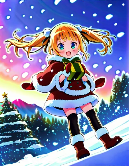 1girl, cowboy_shot, blonde_hair, twintails, indie_virtual_youtuber, kirima_syaro, santa_dress, zettai_ryouiki, cute, blue_eyes, aged_down, chibi, Christmas_present, mountainous_horizon, black_thighhighs, red_footwear, mittens, pine_tree, snowing, naruko_hanaharu, highres, nshi, outdoors, scenery, winter, snowgeneral, 