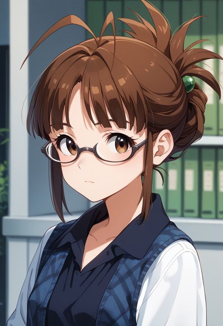 score_9,score_8_up,score_7_up,best quality, 4k, rating_safe, very aesthetic, source_anime,,akizuki ritsuko,antenna hair,folded ponytail,glasses,brown eyes,short hair,