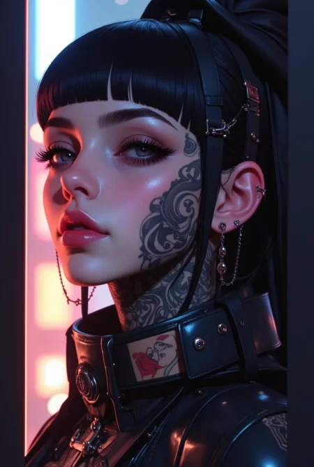 ((centered image,  a close-up of a woman with tattoos on her neck and face , Beautiful face of a cyberpunk girl, great digital art with details,  she wears glasses you can see the reflection in the glasses of the glasses :1.5)), digital art.  highly detailed , Detailed woman,  full lips in Angelina Jolie style ,  long false eyelashes ,  eye makeup blushed lips and cheeks ,  she wears earrings all over her ear like piercings and in the ovum of her ear she has an embedded ring, a piercing on her lips and nose ,  hyperrealistic art style , Brandon Woelfel, tattooed face, tattoos and piercings, realistic digital art 4k, realistic digital art 4 k, tattoo style, cyberpunk art style, Girl with glasses , chiaroscuro, cinematic lighting, Optical illusion, HD, UHD, Retina, masterpiece, Accurate, Anatomically correct, textured skin, Super detail, high details, high quality,  award winning , best quality, highres, 1080P, HD, 16K