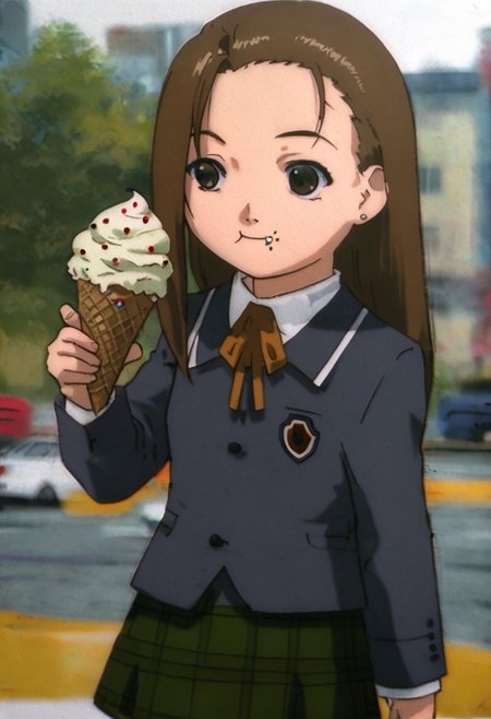 score_7_up, score_8_up, score_9, anime screencaps, 1girl, solo, <lora:Iwakura_Mika_PDXLv0-e40:0.9>, iwakura mika, shoolgirl uniform, neck ribbon, green plaid skirt, chibi, ((eating ice cream)), looking away, cute, smile, school background