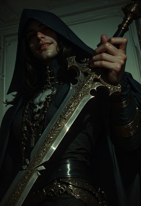 high quality, dynamic angle, unusual angle, dynamic, dynamic composition, single sword, runic engraving, runes, sould of the damned, broken sword, broken, damaged In the dim, flickering light, a sinister shadowy figure emerges from the dark, its presence cloaked in an air of mystery. Looking at the viewer with sinister smile. Slowly, it reaches out toward the hilt of the shattered runic sword, its movements deliberate yet hesitant. The ancient engravings on the hilt begin to pulse faintly, glowing like a dying ember, their light casting eerie shadows across the figure’s outstretched hand. The closer it gets, the air grows colder, heavy with an otherworldly presence. From the jagged break in the blade, spectral wisps begin to unfurl, curling and twisting like smoke, their forms coalescing into ghostly faces etched with agony. Whispers fill the air—soft at first, but rising into a cacophony of tormented wails. The figure’s hand trembles as its fingers hover just above the hilt, as though sensing the weight of the cursed power it is about to claim. Finally, with a sharp intake of breath, the hand closes around the sword. The runes ignite with a blinding light, and the escaping souls recoil, writhing in both fear and fury. dark background, emerges from the shadows, grim atmosphere