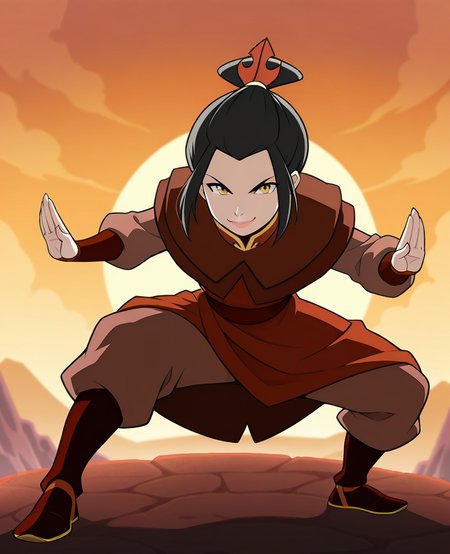 masterpiece, best quality, amazing quality, highres, absurdres, <lora:Azula_2_outfits_ILLUS-000009:0.9> , azula1, 1girl, black hair, long sleeves, azula \(avatar\), yellow eyes, boots,  single hair bun, topknot, capelet, short hair, sidelocks, uniform, portrait, close up, looking at viewer, smile, standing, fighting stance, lips, full body,