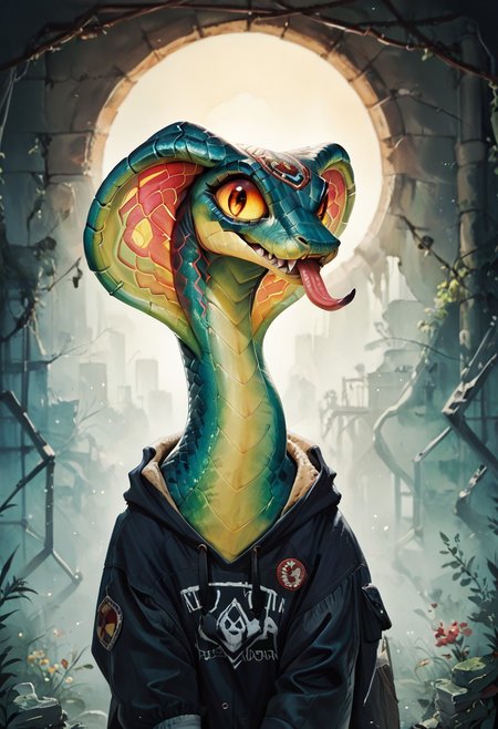 score_9, score_8_up, score_7_up, rating_questionable,score_9, score_8_up, score_7_up, BREAK, nuclearhazard snake,pink and neon green scales,queen cobra ,highly detailed,intricate details,warm and cozy,