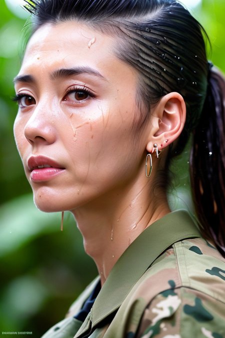 raw photo, portrait of (emaciated:1.3) female jungle commando (Aragaki Yui:1.3), , (sideshaved:1.35), , (earrings, spikes, , :1.2), (wet:1.2), (U.S. military gear:1.3) dark, gritty, gloomy, militaristic, (looking_at_viewer:1.3), solo, rainy, , (pained expression:1.1), (about to sneeze:1.2), (grimace:1.0), (pleasure face:1.0), ,  dramatic lightning, (jungle background:1.2), , highly detailed, masterpiece, best quality, 8k, (realistic skin, cell-shaded:1.3), sharp_focus, SFW, 
(high detailed skin:1.2), 8k uhd, dslr, soft lighting, high quality, film grain, Fujifilm XT3