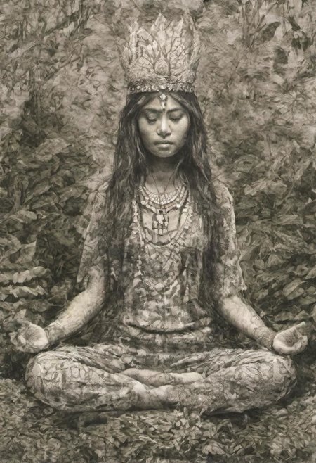 v0ng44g sk3tch, drawing, prehistorical indonesia, a young woman sitting in a meditating pose, (crowned:1.2) with fern leaf and brocoli organic composition, in a tropical jungle, intricate hyperdetailed symmetry, dramatic top lighting, glitch effect