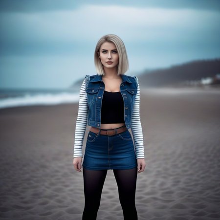 cinematic photo a platinum woman, beach, jean jacket, black tights, jeans miniskirt <lora:Android18-1024:0.8> . 35mm photograph, film, bokeh, professional, 4k, highly detailed