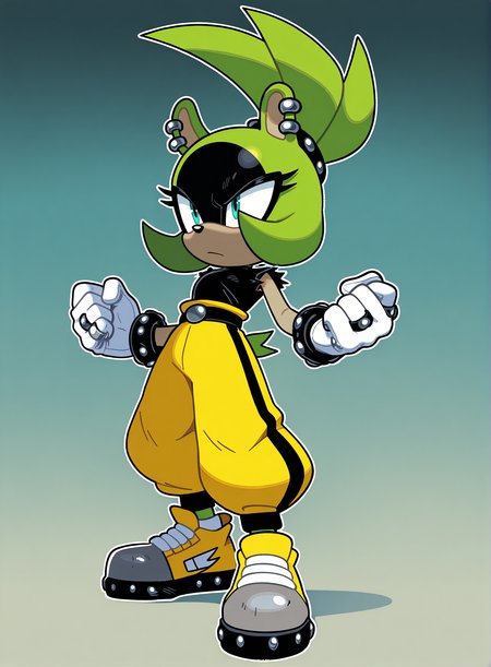 1girl, solo, full body, no humans,
<lora:Surge-the-Tenrec_v4:1> surge the tenrec, black face, aqua eyes, topknot, piercing, earrings, studded bracelet, studded hair tie,
white gloves, ring, black shirt, torn sleeves, yellow pants, baggy pants, belt, grey sneakers, yellow sneakers,, extremely detailed, highres, masterpiece, best quality