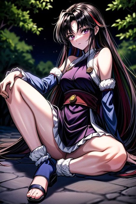 masterpiece,  best quality 1girl Setsun4 solo long hair,  (night time) forest background black hair very long hair purple eyes multicolored hair armor (fur trim) (medium body),<lora:EMS-179-EMS:0.800000>,<lora:EMS-293862-EMS:0.800000>ascot, bare shoulders, black footwear, detached sleeves, embellished costume, frills, japanese clothes, nontraditional miko, red skirt, sandals, sarashi, skirt, socks, armor, miko