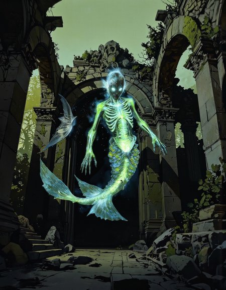 By Phandigrams. This is a highly detailed digital illustration depicting a haunting, ethereal mermaid figure. The mermaid, with a skeletal, ghostly appearance, has a translucent, glowing green body that contrasts with its dark, skeletal head and hands. Its elongated, fin-like tail is covered in scales that shimmer with an otherworldly glow. The mermaid's face is devoid of any features, with large, glowing white eyes that add a sinister yet captivating aura to its form.
The background is set in a decrepit, ancient ruin, with crumbling stone arches and pillars that are illuminated by a soft, greenish light. The ruins are overgrown with moss and small plants, adding to the eerie atmosphere. The sky is a muted, foggy green, contributing to the mystical ambiance. 
The mermaid is positioned in the center of the image, floating slightly above the ground, as if it is hovering or levitating. The light emanating from its body creates an ethereal glow that contrasts with the dark, shadowy surroundings. The overall color palette is dominated by shades of green and black, with hints of blue and white, enhancing the mystical and haunting theme of the illustration. <lora:Phandigrams:1>