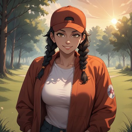 score_9, score_8, BREAK, solo, Flip Johnson, Dark-skinned female, twin braids, black hair, backwards hat, baseball hat, brown eyes, shorts, red jacket, white shirt, mature woman, adult woman, breasts, sexy pose, self portrait, smile, outdoors, sunlight, shadows, evening lighting, natural lighting, forest, trees, grass, orange sky, sunset
