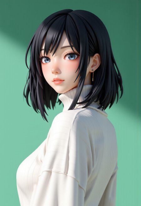 Headshots,masterpiece, a beautiful woman,Hyperrealistic, she is smiling, dynamic angles, multiple angles, photoshoot poses; A photo of Gussuma_Yukinoshita_Yukino-000001, a woman with dark hair, she has massive breasts, a beautiful girl,she is wearing a white turtleneck sweater.she has massive breasts, she has piercing eyes. a dynamic pose and a sense of action. simple green background, and the lighting is soft, creating a dramatic effect, creating a focused and dynamic pose.; the scene is set in a beautiful well-lit environment, with a sense of action and adventure. Style: realistic hyper-detailed rendering, 32k UHD, expressive eyes, punk, graphic design, girl's face, pretty and cute, gleaming lips, telling a tale of adventure. Exuding confidence and serenity. The overall mood of the image is happy and relaxed, detailed skin texture,(blush:0.2),(goosebumps:0.3), subsurface scattering,with a playful and whimsical tone,perfect hand, hand, detailed hand,niji style,retro50s_style,