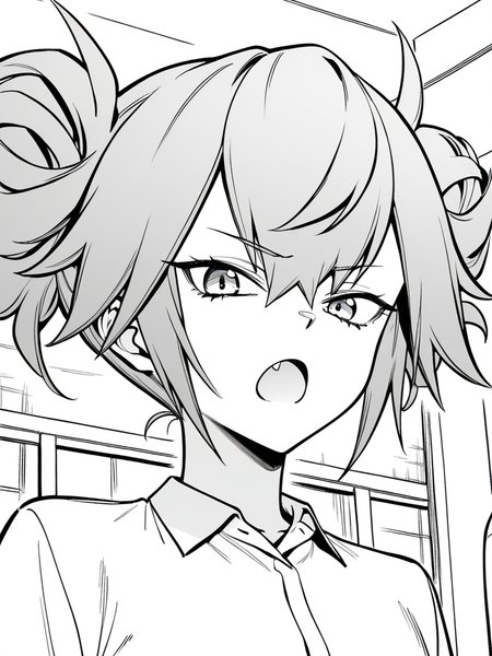 1girl, monochrome, kyrie fn, grey hair, double bun, spiked hair,  

standing, upper body, face, close-up, frown, open mouth, fang, looking at viewer, white shirt, collared shirt, 
