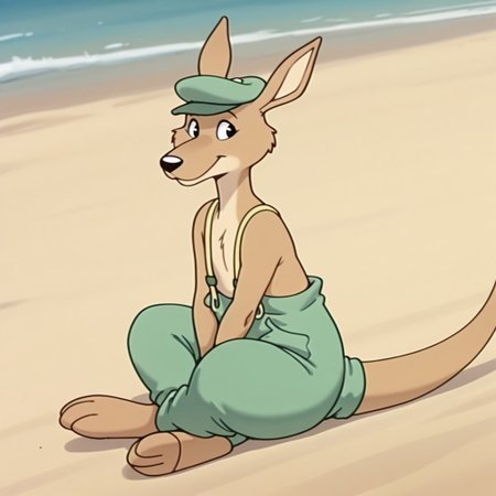 masterpiece, best quality, amazing quality, Splodgebbil, semi-anthro, male, kangaroo, tan fur, black eyes, tail, green hat, green pants, yellow suspenders, sitting, arms between legs, at the beach, full body, solo