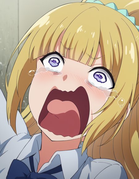 score_9, score_8_up, score_7_up, source_anime, <lora:kei-karuizawa-anime-s2-ponyxl-lora-nochekaiser:1>, kei karuizawa, long hair, bangs, blunt bangs, purple eyes, blonde hair, hair ornament, ponytail, scrunchie, blue scrunchie, medium breasts,, <lora:crying-aqua-ponyxl-lora-nochekaiser:1> crying aqua, crying aqua (meme), screaming, crying, crying with eyes open, tears, tongue, open mouth,, ,