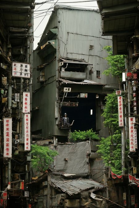 metal steel building,city,night,rain,gloomy,forest,temple,Taoism,idol,mikoshi,Curse pattern,flag,stele