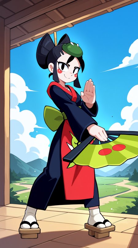 masterpiece, best quality, amazing quality, aesthetic,  absurdres, best quality, 4k, upscale, indoors,sky, landscape, (dynamic pose, fighting stance, foreshortening), kaze, solo, 1girl, black hair, japanese clothes, black eyes, smile, geta, dual wielding, hand fan, kimono, sandals, standing, apron, looking at viewer, hair stick,  <lora:Kaze_IL:0.8>