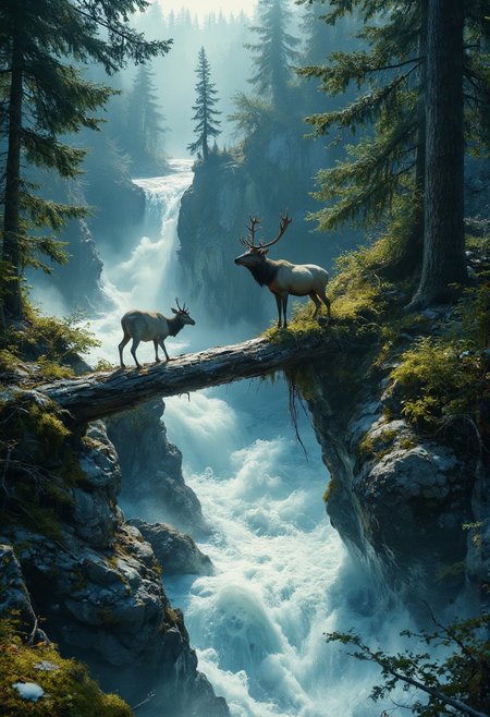 A striking aerial view of a rushing whitewater river cutting through a dramatic rocky gorge, framed by the lush greenery of a temperate rainforest touched by winter's frost. The surging river below churns with vivid white turbulence, carving through rugged terrain, while the rocky cliff walls are partially cloaked in vibrant green moss and delicate ferns. In the foreground, perched majestically on a moss-covered rock, stands a lone elk with a proud stance, its antlers reaching skyward as it surveys the untamed wilderness. A fallen log spans the gorge, adding a sense of natural drama and connection across the divide. Towering evergreen trees, their branches dusted with fresh snow, form a dense canopy above, their frosted deep green hues contrasting with the bright blues and whites of the frothing water. The scene is illuminated by dramatic lighting, with beams of sunlight piercing through the forest canopy to create dappled highlights on the elk, rocks, and water, enhancing the natural vibrancy of the colors. The elevated perspective captures the grandeur of this untouched wilderness, immersing the viewer in its raw beauty and evoking a sense of awe and serenity. Style tags: vivid colors, dramatic lighting, natural landscape realism, wildlife focus.