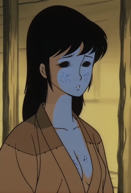 masterpiece, best quality,  female focus, open kimono, cleavage, upper body, poor, 
1girl, f, 1960s \(style\), retro artstyle, 
<lora:bl1nd:1>, bl1nd, 1girl, = =, sad, long hair, black hair, kimono, parted lips, freckles,