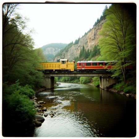 Shot with a Holga camera, a train crossing a bridge over a river