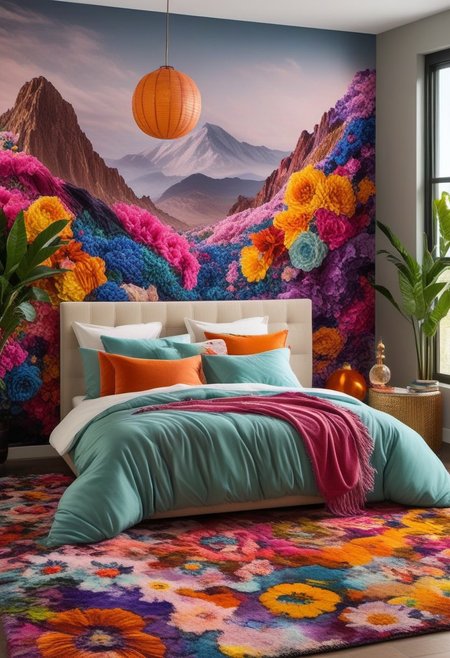 Light mood masterpiece photography, realistic, realistic photograph, inside bedroom, gaudy, maximalism, in bedroom, #40E0D0, bright colors, soft rug, floral rug, fuzzy bean bags, lava lamps, vanity, beanbags, lanterns, beaded curtains, lanterns, hex code #FE377E, hex code #DFFC21, hex code #8F00FF, hex code #40E0D0, large windows, #DFFC21, #8FF00FF