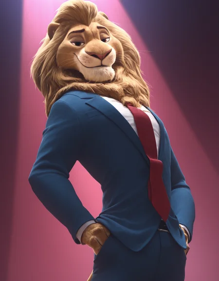 zootopia artstyle,
masterpiece, best quality,
pinup pose, looking at viewer, perfect face, colorful, dramatic angle, unique perspective, unique angle, detailed, intricate details, highres, absurdres, smile, on stage, furry male, solo, lion, lionheart, red necktie, lion tail, whiskers, brown eyes, blue suit, white shirt, brown fur, smug, cowboy shot, closed mouth
<lora:Zootopia_Art_Style_ill_3D:1>âââ