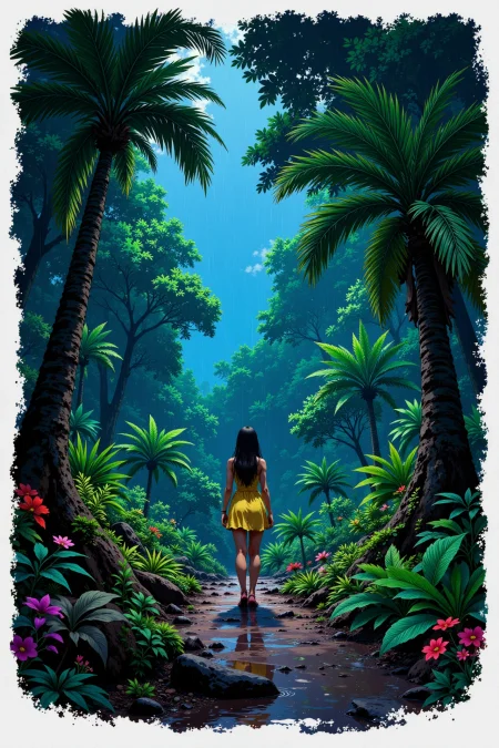 tropical forest beautiful  landscape, rainy day, woman, very intricate, very detailed, sharp, bright, colorful, <lora:Hand v2:0.5> <lora:Anti-Blur:1><lora:Insane Detail Slider:0.25>  <lora:flux.1_lora_flyway_Epic-detail_v2:0.3> <lora:fluxenhancer:0.25> <lora:ROWER:0.8> <lora:realanime:0.6>