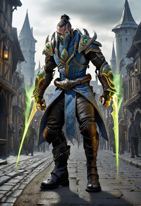 1man, psyblade glowing weapon, human rogue, medieval city background, leather boots, HD, masterpiece, best quality, hyper detailed, ultra detailed, super realistic