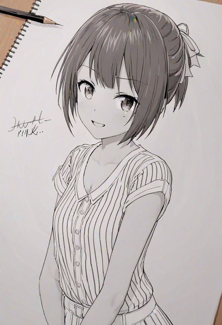 high quality, high detail, line art, sketch, 1girl, beautiful girl, joy, happy, laugh,Miku