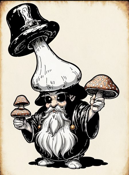 dwarf man holding a mushroom looting at mushroom happy, 2d, (black and white:1.3), clean line, (white background), Perfect hands, <lora:Tattoo_gen:0.7>  <lora:fantasyV1.1:0.6>