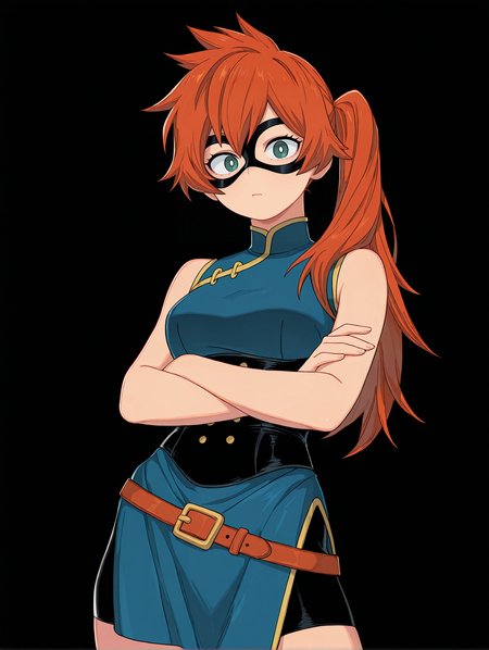 <lora:Kendo Illu:1>
1girl, solo,
kend0, long hair, orange hair, side ponytail, green eyes, 
kendoher0, blue china dress, sleeveless, black corset, shorts under dress, bike shorts, belt,  domino mask, underbust,
crossed arms, looking at viewer, 
cowboy shot,, masterpiece, best quality, amazing quality,, simple background, black background