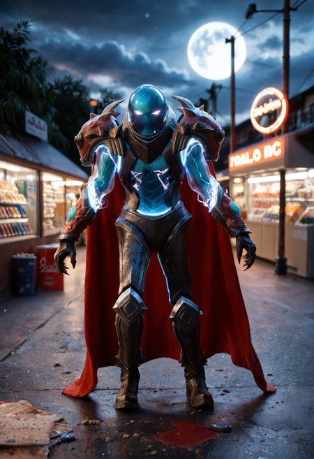 <lora:Arc_Warden_v1:1> arc_warden_v1, 
1boy, no humans, 
glowing,  
claws, 
armor, cape, helmet,gloves, shoulder armor, boots, gloves,, score_9, score_8_up, score_7_up, score_6_up, derpibooru_p_95,
detailed eyes, beautiful, detailed background, perfect eyes,
blur censor, blurry, blurry background, blurry foreground, bokeh, motion blur,
chromatic aberration, depth of field, figure, focused,  focus
photography, realistic sun light and shadows, photorealism, UHD --ar 9:16 --style raw --stylize 700,
solo,
rt biome, gas station, petrol station, partially burnt out neon sign, gas pump, convenience store, hamburger picture, books, cake, counter, fluorescent light, sign, parking spaces, asphalt, dirt, garbage can, bamboo fence, moon, clouds, sku, stars, green LED light, shelf, iron block, pile of garbage, dynamic pose, dynamic angle, ((An inviting sexy pose)),