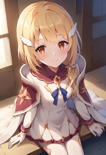 score_9, score_7_up, hd, (ultra hd quality details), source_anime, indoors,
solo, 1girl, kuriapcrbase,
kuridefdress, wing hair ornament, low ponytail, cape, white dress, long sleeves, gloves, white pantyhose,
looking at viewer, blush, smile,
sitting, from above,
<lora:_clear_pcr-elesico-pony:0.9>