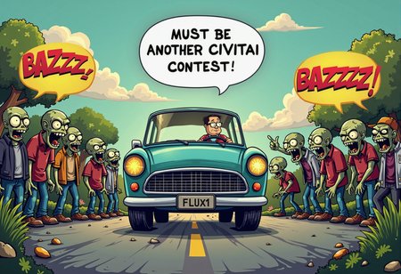 a confused cartoon character driving a car surrounded by zombies,
he is looking at them and saying in a speech bubble: "Must be another CIVITAI contest!",
zombies yelling: "BAZZZ!" in yellow speech bubbles with multiple arrows,
on car sign written: "FLUX1",
comic style,