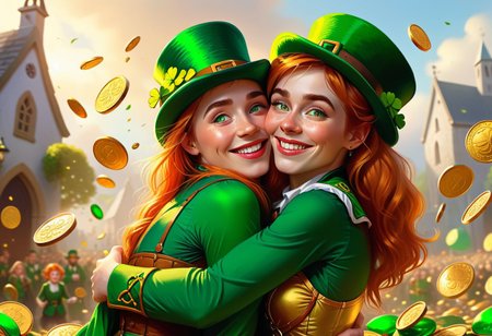 Front 3/4 view cinematic portrait IRELAND themed Picture illustration of a
hilariously happy androgynous 25yo woman happily hugging a
massive, translucent, multicolor, human-sized leprechaun-shaped thing.
The woman is looking straight to the viewer with charming eyesight, and sensually parted lips.
The lips are ireland themed.
Celtic symbols, golden coins, quarterfoils and St. Patrick's Day elements are scattered all around.
Green cannons shoot golden coins and other celtic things in the air.
Many details everywhere. Ray-Tracing. Anti-Aliasing. Realistic reflections. Realistic soft shadows. Ironic.
Spiritual.
Partially introspective.
Uplifting.
Slightly desaturated colors. 
Visible paint strokes.  
Insane quality. Insane resolution. Insane details. Masterpiece. 
By Tekuho.
16k resolution