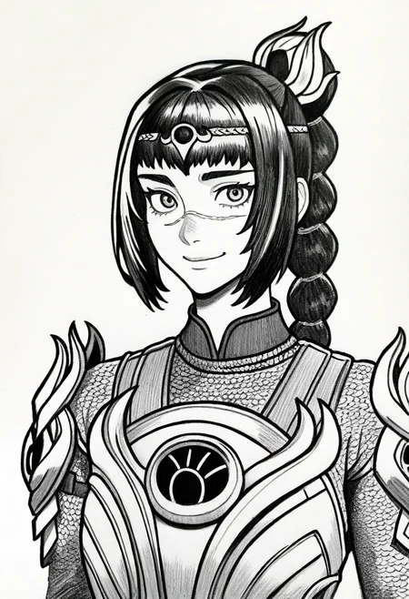 best quality, amazing quality, very aesthetic, absurdres,
monochrome, traditional media,
BREAK
1girl, solo, shadowheart, black hair, braided ponytail, scar on face, circlet, armor,
smile, looking at viewer, upper body, simple background, white background, <lora:ShadowHeartIllustrious_byKonan:0.8>, <lora:CellldrawzzNoob_byKonan:1>