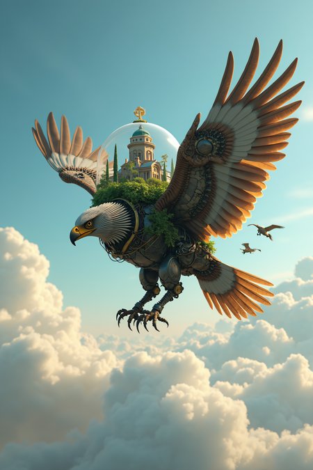 a eagle that is flying in the sky with clouds, he transport a terrarium with a miniture city on his back, realistic, mechanical vegetal cyborg, futuristic robot organisms, steampunk robot eagle, steampunk animal, in the art style of filip hodas, cyber steampunk
