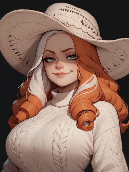 score_9, score_8_up, score_7_up, score_6_up, 1girl, orange hair, white hair, multicolored hair, long hair, curly hair, green eyes, large breasts, smug, white thick knit sweater, crochet cowboy hat, black background, <lora:crochet_cowboy_hat_pony_v1.1:0.9>
