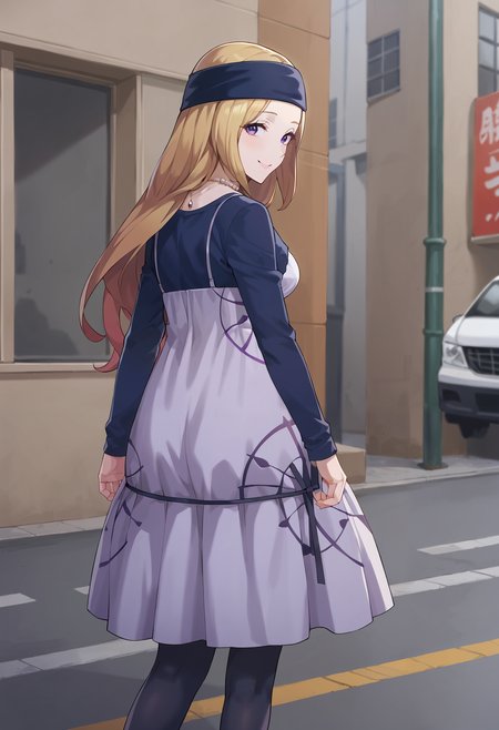 score_9, score_8_up, source_anime
1 girl, solo, cute face,
p5chihaya, blonde hair, longe hair, headband, purple eyes
necklace, black long sleeve shirt, long sleeves, dress, black pantyhose
street, Shinjuku, standing on sidewalk, looking at viewer, smile, from behind, looking back,
masterpiece, best quality, ultra detailed,