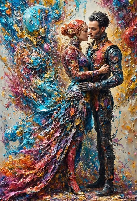 Origami world, watercolorbackground. couple, woman, 25 years, long hair, dress. 
men, cyborg. standing. hug. cuddle. kiss. london. vibrant glow,
vantablack, ArsMJStyle, impressionism, aidmaMJ6.1, cc_cyborg