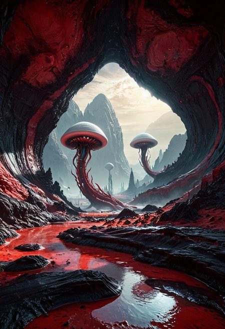 surreal scifi theme,
an alien world, white red black colors, weird textures, weird geometry, 
, warm textures, extremely detailed, dynamic, great lighting, perfect shading, atmospheric, best quality, sharp focus, high contrast, stylized, clear, surreal, ultra quality, 8k, best quality, masterpiece, midjourneyv6.1, detailmaximizer