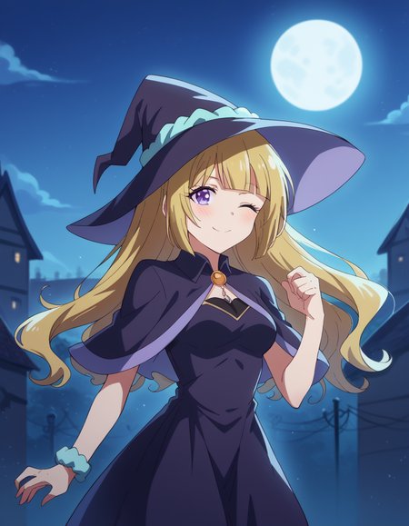 score_9, score_8_up, score_7_up, source_anime, keikaruizawa, <lora:kei-karuizawa-anime-s2-ponyxl-lora-nochekaiser:1>, kei karuizawa, long hair, bangs, blunt bangs, purple eyes, blonde hair, hair ornament, ponytail, scrunchie, blue scrunchie, medium breasts,, <lora:witch-ponyxl-lora-nochekaiser:1>, witch, hat, witch hat, dress, halloween, halloween costume, jewelry,, night, moon, blush, smile, one eye closed,, looking at viewer